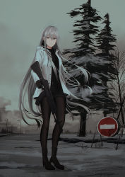 Rule 34 | 1girl, an-94, assault rifle, belt, belt buckle, black belt, black footwear, black gloves, black necktie, black shirt, black shorts, boots, brown pantyhose, buckle, chihuri, closed mouth, cloud, cloudy sky, collared shirt, gloves, grey eyes, grey hair, gun, hair between eyes, high heel boots, high heels, highres, holding, holding gun, holding weapon, jacket, long hair, long sleeves, looking at viewer, necktie, no entry sign, open clothes, open jacket, original, outdoors, pantyhose, pine tree, rifle, road sign, shirt, short shorts, shorts, sign, sky, snow, solo, standing, tree, trigger discipline, very long hair, weapon, weapon request, white jacket, zoya petrovna vecheslova