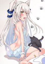 Rule 34 | 1girl, amatsukaze (kancolle), animal, ass, backless outfit, bandaid, bandaid on leg, black cat, blush, breasts, butt crack, cat, chigasaki yukari, fang, fur, hair tubes, hairband, highres, kantai collection, long hair, meme attire, naked sweater, open mouth, paw print, ribbon, silver hair, simple background, sitting, sleeveless, small breasts, solo, sweater, turtleneck, turtleneck sweater, two side up, virgin killer sweater, wristband, yarn, yarn ball, yellow eyes