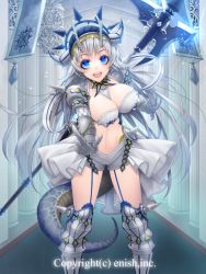 Rule 34 | 1girl, armor, axe, blue eyes, breasts, cleavage, copyright request, dragon tail, female focus, highres, large breasts, long hair, looking at viewer, navel, open mouth, silver hair, smile, solo, standing, ta919, tail, very long hair, weapon