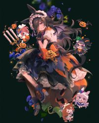 Rule 34 | 5girls, animal ears, artist name, bandaged head, bandages, bat wings, black background, black gloves, black hair, black skirt, blue flower, blue rose, blush, boots, bow, candle, candlestand, chibi, clenched hands, collared shirt, flower, frilled hairband, frills, full body, glasses, gloves, hair over one eye, hairband, hat, high heel boots, high heels, horse ears, horse girl, horse tail, jack-o&#039;-lantern, large bow, long hair, looking at viewer, mihono bourbon (ghosty and the magic of halloween) (umamusume), mihono bourbon (umamusume), multiple girls, official alternate costume, orange bow, petticoat, plant, puffy short sleeves, puffy sleeves, rice shower (make up vampire!) (umamusume), rice shower (umamusume), rose, shirt, short sleeves, single thighhigh, skirt, solo focus, star (symbol), super creek (chiffon ribbon mummy) (umamusume), super creek (umamusume), tail, tamamo cross (umamusume), thighhighs, umamusume, vines, wand, welchino, white shirt, wings, witch hat, zenno rob roy (magically gifted hero) (umamusume), zenno rob roy (umamusume)