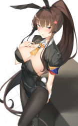 Rule 34 | 1girl, animal ears, black jacket, black leotard, black pantyhose, blush, breasts, brown hair, cherry blossoms, detached collar, fake animal ears, fake tail, flower, from above, hair flower, hair ornament, hand on own chest, headgear, highres, jacket, kantai collection, large breasts, leotard, long hair, looking at viewer, open mouth, pallad, pantyhose, playboy bunny, ponytail, short sleeves, solo, table, tail, very long hair, yamato (kancolle), z flag