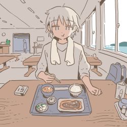 Rule 34 | 1girl, 1other, backpack, bag, bowl, chewing, chopsticks, closed mouth, commentary request, cucumber, cucumber slice, food, food request, grey eyes, grey hair, grey shirt, highres, holding, holding chopsticks, indoors, muji (uimss), no pupils, original, plate, restaurant, rice, shirt, short hair, sitting, sleeves rolled up, solo focus, soup, table, towel, towel around neck, tray, unworn backpack, unworn bag, window