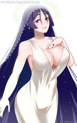 Rule 34 | 1girl, armpit peek, artist name, asymmetrical sleeves, bare shoulders, breasts, bridal veil, center opening, chocojax, cleavage, clothing cutout, detached sleeves, dress, elbow gloves, fate/grand order, fate (series), gloves, hair between eyes, hand on own chest, highres, jewelry, large breasts, long sleeves, looking at viewer, mature female, minamoto no raikou (fate), nail polish, ornate ring, purple eyes, purple hair, red nails, ring, sideboob, simple background, solo, veil, wedding dress, wedding ring, white background, white dress, white gloves