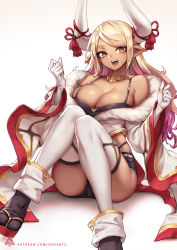 Rule 34 | 1girl, :d, artist logo, bare shoulders, black bra, black legwear, black shorts, blonde hair, bra, breasts, commentary, dark-skinned female, dark skin, detached pants, draph, elbow gloves, eyes visible through hair, fur trim, gloves, gradient hair, granblue fantasy, highres, horn ornament, horns, jewelry, kumbhira (granblue fantasy), large breasts, long hair, looking at viewer, micro shorts, multicolored hair, necklace, oopartz yang, open mouth, pink hair, platform footwear, pointy ears, short shorts, shorts, simple background, sitting, smile, solo, teeth, underwear, upper teeth only, white background, white gloves, wings, yellow eyes