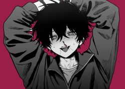 Rule 34 | 1boy, arms up, blood, blood on face, blush, bound, bound wrists, greyscale, hair between eyes, heart, heart-shaped pupils, highres, imai akira, jacket, long sleeves, looking at viewer, male focus, monochrome, nosebleed, open mouth, original, pink background, saliva, simple background, solo, spot color, sweat, symbol-shaped pupils, tongue, upper body