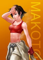 Rule 34 | 1girl, abs, absurdres, black hair, bra, braid, breasts, brown eyes, character name, cleavage, clothes around waist, dougi, eyelashes, fingerless gloves, gloves, highres, kumsmkii, lips, making-of available, makoto (street fighter), midriff, navel, nose, parted lips, red bra, red sports bra, scarf, unworn scarf, short hair, single braid, solo, sports bra, street fighter, sweat, toned, underwear
