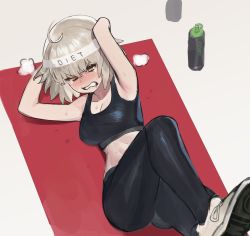 Rule 34 | 1girl, absurdres, ahoge, arms behind head, black pants, black tank top, blush, bottle, breasts, commentary, exercising, fate/grand order, fate (series), grey hair, headband, highres, hood (james x), jeanne d&#039;arc (fate), jeanne d&#039;arc alter (avenger) (fate), jeanne d&#039;arc alter (fate), large breasts, pants, short hair, sit-up, solo, tank top, water bottle, yellow eyes, yoga mat, yoga pants