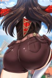 Rule 34 | 1girl, amber (genshin impact), ass, ass focus, boots, brown hair, from behind, genshin impact, head out of frame, highres, huge ass, long hair, o22no, shiny clothes, shiny skin, short shorts, shorts, solo, thick thighs, thigh boots, thighhighs, thighs, very long hair