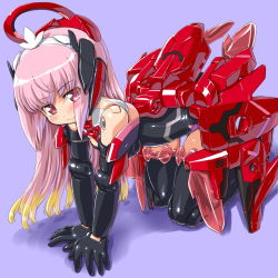 Rule 34 | 10s, 1girl, all fours, alternate color, armor, bad id, bad pixiv id, black gloves, black thighhighs, blonde hair, blush, busou shinki, dd (ijigendd), doll joints, elbow gloves, gloves, gradient hair, joints, mecha musume, multicolored hair, olbern, pink hair, red eyes, smile, solo, thigh gap, thighhighs