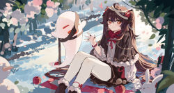 Rule 34 | 1girl, ahoge, alternate costume, black capelet, black footwear, boo tao (genshin impact), brown hair, capelet, commentary request, feet out of frame, genshin impact, hair between eyes, highres, hu tao (genshin impact), long hair, looking at viewer, no headwear, pantyhose, red eyes, sitting, smile, solo, two side up, very long hair, white pantyhose, yajuu