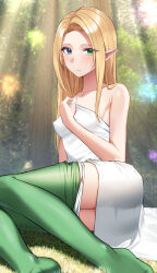 Rule 34 | 1girl, absurdres, bare shoulders, blonde hair, blue eyes, blush, breasts, closed mouth, clothes pull, commentary, covered erect nipples, day, dress, elf, feet out of frame, grass, green eyes, green pantyhose, heterochromia, highres, kuro imu, long hair, looking at viewer, original, outdoors, paid reward available, panties, panty pull, pantyhose, pantyhose pull, parted bangs, pointy ears, small breasts, solo, straight hair, strapless, strapless dress, sunlight, tree, underwear, white dress, white panties