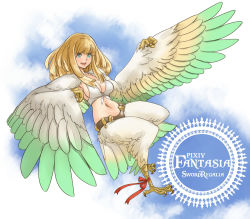 Rule 34 | 1girl, bad id, bad pixiv id, belt, blonde hair, bow, breasts, claws, green eyes, gus (clarkii), harpy, long hair, midriff, monster girl, navel, open mouth, pixiv fantasia, pixiv fantasia sword regalia, ribbon, sideboob, sky, smile, solo, winged arms, wings