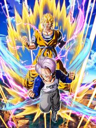 Rule 34 | absurdres, angry, aura, dokkan battle, dragon ball, energy, highres, incoming attack, lightning, looking at viewer, master and pupil, muscular, muscular male, official art, scar, scar across eye, son gohan (future), super saiyan, tagme, trunks (dragon ball), trunks (future) (dragon ball)