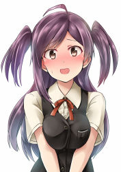 Rule 34 | 10s, 1girl, ahoge, alternate hairstyle, black vest, blush, breasts, brown eyes, buttons, gloves, hagikaze (kancolle), highres, kamelie, kantai collection, long hair, medium breasts, neck ribbon, purple hair, red ribbon, ribbon, school uniform, short sleeves, simple background, smile, solo, sweatdrop, twintails, two side up, upper body, vest, white background