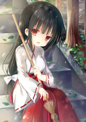 Rule 34 | 1girl, :d, bad id, bad pixiv id, bamboo broom, black hair, blunt bangs, blush, bow, broom, commentary request, day, eyes visible through hair, hair bow, hakama, hakama skirt, head tilt, holding, holding broom, japanese clothes, leaf, long hair, long sleeves, looking at viewer, low-tied long hair, miko, moss, open mouth, original, outdoors, red hakama, red ribbon, ribbon, ribbon-trimmed sleeves, ribbon trim, shiiba nae, sitting, sitting on stairs, skirt, smile, solo, stairs, stone stairs, sunlight, tareme, tree, very long hair, white bow, wide sleeves