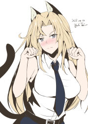 Rule 34 | 1girl, animal ears, bare shoulders, belt, blonde hair, blue necktie, cat ears, cat girl, cat tail, highres, hornet (kancolle), kantai collection, looking at viewer, necktie, paw pose, shirt, shy, sleeveless, sleeveless shirt, solo, tail, taira yuuki, upper body, white background