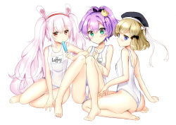 Rule 34 | 3girls, absurdres, animal ears, ass, azur lane, bare arms, bare legs, bare shoulders, barefoot, beret, black hat, black ribbon, blue eyes, blush, brown eyes, character name, closed mouth, collarbone, crown, food, green eyes, hair between eyes, hair ribbon, hairband, hat, highres, holding, holding food, javelin (azur lane), laffey (azur lane), light brown hair, long hair, mini crown, multiple girls, old school swimsuit, one-piece swimsuit, parted lips, popsicle, purple hair, rabbit ears, red hairband, ribbon, school swimsuit, silver hair, silveroid, simple background, sitting, swimsuit, thighs, twintails, very long hair, wariza, white background, white one-piece swimsuit, white school swimsuit, yokozuwari, z23 (azur lane)