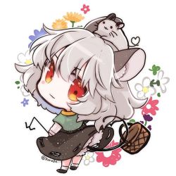 Rule 34 | animal, animal ear fluff, animal ears, animal on head, basket, biyon, black dress, black footwear, blush stickers, capelet, chibi, commentary request, dowsing rod, dress, floral background, flower, full body, grey hair, heart, heart tail, holding, holding with tail, long sleeves, looking at viewer, looking back, mouse (animal), mouse ears, mouse on head, mouse tail, nazrin, on head, prehensile tail, red eyes, shirt, shoes, short hair, socks, tail, touhou, twitter username, white background, white legwear, white shirt