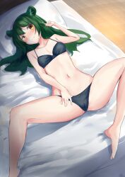 Rule 34 | 1girl, absurdres, akinakesu-chan, animal ear fluff, animal ears, bare arms, bare legs, bare shoulders, barefoot, bed, black bra, black panties, blush, bra, closed mouth, commission, green hair, hand up, highres, indoors, long hair, lying, nose blush, on back, on bed, original, panties, pillow, pixiv commission, smile, solo, spread legs, underwear, underwear only, yellow eyes