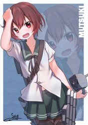 Rule 34 | 1girl, absurdres, adapted turret, black pantyhose, black ribbon, brown hair, cannon, character name, commentary request, cowboy shot, gradient hair, green sailor collar, green skirt, hand on own head, highres, holding, holding own hair, kantai collection, looking at viewer, machinery, multicolored hair, mutsuki (kancolle), neck ribbon, pantyhose, red hair, ribbon, sailor collar, school uniform, serafuku, short hair, signature, skirt, solo, teisei sagishi, torpedo launcher, turret, zoom layer