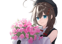 Rule 34 | 1girl, ahoge, black hair, black hat, blouse, blue eyes, bouquet, braid, collared shirt, detached sleeves, flower, hair flaps, hair ornament, hair over shoulder, hat, highres, holding, holding bouquet, kantai collection, necktie, official alternate costume, pink flower, red necktie, shigure (kancolle), shigure kai ni (kancolle), shirt, single braid, solo, upper body, white shirt, white sleeves, yuki 4040