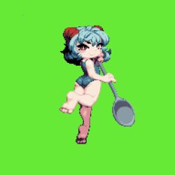 Rule 34 | 1girl, absurdres, barefoot, closed mouth, commentary request, full body, green background, grey hair, grey one-piece swimsuit, highres, holding, holding spoon, horns, looking at viewer, looking back, medium bangs, one-piece swimsuit, oversized object, pixel art, red eyes, red horns, sheep horns, short hair, simple background, smile, soles, solo, spoon, swimsuit, tonchamon san, touhou, toutetsu yuuma