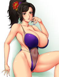 Rule 34 | 1girl, ameoto, armpits, bare shoulders, black hair, breasts, brown eyes, cleavage, curvy, hair ornament, huge breasts, long hair, mole, nail polish, navel, one-piece swimsuit, ponytail, purple nails, revealing clothes, see-through, shin sangoku musou, solo, swimsuit, thighs, zhen ji