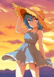 Rule 34 | artist request, ballpoint pen (medium), blue dress, blue eyes, blue hair, cirno, dress, hat, highres, holding, holding clothes, holding hat, see-through, short hair, smile, sun hat, sundress, sunset, touhou, traditional media