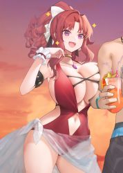Rule 34 | 1boy, 1girl, akino (princess connect!), akino (summer) (princess connect!), bare shoulders, blush, breasts, cleavage, collarbone, covered navel, highleg, highleg swimsuit, highres, large breasts, long hair, one-piece swimsuit, open mouth, parted bangs, ponytail, princess connect!, purple eyes, red hair, red one-piece swimsuit, sidelocks, smile, swimsuit, thighs, xiujia yihuizi