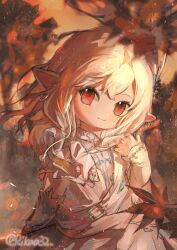 Rule 34 | 1girl, absurdres, autumn, autumn leaves, dress, earrings, falling leaves, final fantasy, final fantasy xiv, flat chest, forest, hair between eyes, highres, jewelry, kazekokakuii, lalafell, leaf, long bangs, looking at viewer, nature, pointy ears, red eyes, robe, short hair, signature, single earring, solo, tree, warrior of light (ff14), white dress, white hair, white robe