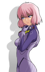 Rule 34 | 1girl, bodysuit, breasts, brown eyes, curvy, evangelion: 3.0+1.0 thrice upon a time, hand on own chest, kitakami midori, lips, looking to the side, medium breasts, medium hair, neon genesis evangelion, pink hair, purple bodysuit, purple eyes, rebuild of evangelion, sasihmi, shadow, shirt, simple background, solo, standing, white background, wide hips