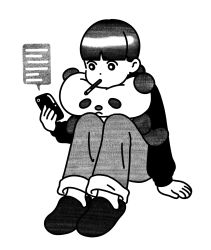 Rule 34 | 1girl, awai880, black eyes, black footwear, blunt bangs, bright pupils, cellphone, food, grey pants, greyscale, highres, holding, holding phone, knees up, long sleeves, monochrome, mouth hold, original, pants, phone, pocky, shoes, simple background, smartphone, solo, stuffed animal, stuffed panda, stuffed toy, white background, white pupils