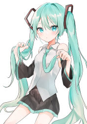 Rule 34 | 1girl, absurdres, aqua eyes, aqua hair, aqua necktie, black skirt, closed mouth, collared shirt, commentary request, detached sleeves, hand in own hair, hatsune miku, highres, long hair, looking at viewer, nahoshi (sevenstar744), necktie, pleated skirt, shirt, simple background, skirt, solo, twintails, very long hair, vocaloid, white background, white shirt