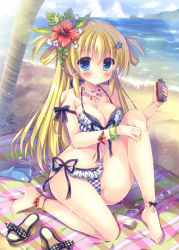 Rule 34 | 1girl, absurdres, bare shoulders, barefoot, beach, beach towel, bikini, blonde hair, blue bow, blue eyes, blue sky, blush, bottle, bow, breasts, cleavage, closed mouth, cloud, cloudy sky, collarbone, commentary request, day, fingernails, flower, hair between eyes, hair flower, hair ornament, hairclip, highres, holding, holding bottle, horizon, kouta., large breasts, long hair, looking at viewer, lotion, mountain, ocean, original, outdoors, palm tree, plaid, plaid bikini, purple bikini, red flower, sand, sandals, shoes, unworn shoes, side-tie bikini bottom, sidelocks, sitting, sky, smile, solo, star (symbol), star hair ornament, summer, sunscreen, swimsuit, towel, transparent, tree, very long hair, water, white flower