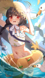Rule 34 | 1girl, absurdres, arms up, bikini, bird, black hair, blue archive, blue sky, braid, cloud, cloudy sky, commentary request, crying, day, flat chest, hat, hat tug, highres, innertube, lace ribbon, long hair, looking at viewer, low twintails, miyu (blue archive), miyu (swimsuit) (blue archive), navel, neck ribbon, official alternate costume, open mouth, outdoors, red eyes, ribbon, scratches, sky, solo, standing, straw hat, sun, sun hat, swim ring, swimsuit, tansuan (ensj3875), twintails, wading, white bikini