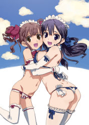 Rule 34 | 2girls, ass, asymmetrical docking, blue eyes, blue hair, bra, breast press, breasts, brown eyes, brown hair, elbow gloves, gloves, hair ribbon, hirose (mokiki), large breasts, lingerie, multiple girls, open mouth, original, panties, ribbon, standing, thighhighs, thong, twintails, underwear, underwear only, white gloves
