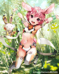 Rule 34 | 1girl, :d, animal ears, bamboo, bamboo forest, rabbit, rabbit ears, forest, hands up, leaf, looking at viewer, majoca majoluna, md5 mismatch, nature, navel, official art, open mouth, patterned legwear, pink eyes, pink hair, short hair, shutsuri, smile, sparkle, syutsuri0503