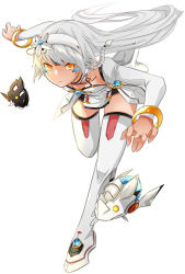 Rule 34 | 1girl, bad id, bad pixiv id, boots, braid, code: electra (elsword), elsword, eve (elsword), flat chest, full body, fullluv, hairband, headband, long hair, running, simple background, solo, thigh boots, thighhighs, white background, white hair, yellow eyes