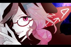 Rule 34 | 1girl, bad id, bad pixiv id, brown eyes, brown hair, glasses, letterboxed, looking at viewer, open mouth, portrait, shaded face, shadow, solo, sooru0720, touhou, usami sumireko