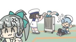 Rule 34 | 3girls, air conditioner, anger vein, black hair, black pantyhose, blue hair, blue neckerchief, blue sailor collar, bob cut, closed eyes, commentary request, daitou (kancolle), dress, ferret-san, gradient hair, grey hair, hat, high ponytail, kantai collection, long hair, low-tied long hair, multicolored hair, multiple girls, neckerchief, pantyhose, pink eyes, pleated skirt, ponytail, sado (kancolle), sailor collar, sailor dress, sailor hat, school uniform, serafuku, shirt, short hair, short ponytail, short sleeves, sidelocks, simple background, sitting, skirt, sleeveless, sleeveless shirt, sweat, undershirt, white background, white dress, white headwear, wrench, yuubari (kancolle)