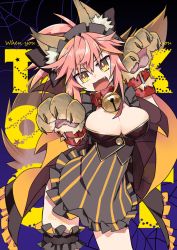 Rule 34 | 1girl, animal ears, bell, neck bell, breasts, cleavage, collar, dress, fang, fate/grand order, fate (series), fox ears, large breasts, long hair, negi (ulog&#039;be), open mouth, pink hair, short dress, solo, tail, tamamo (fate), tamamo cat (fate), tamamo no mae (fate/extra), yellow eyes