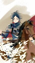 Rule 34 | 1boy, animal, aqua eyes, arknights, black cape, black hair, brown horse, cape, chinese clothes, chinese commentary, commentary request, eyes visible through hair, high collar, highres, horse, horseback riding, looking at viewer, male focus, messy hair, ourei (qianxian wu yichang), parted bangs, parted lips, pointy ears, red cape, riding, short hair, slit pupils, solo, two-sided cape, two-sided fabric, watermark, weibo logo, zuo le (arknights)