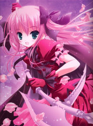 Rule 34 | absurdres, blush, dress, gloves, green eyes, hair ornament, hair ribbon, halberd, highres, long hair, looking at viewer, petals, pink hair, polearm, ribbon, smile, solo, tinker bell (pixiv 10956015), twintails, weapon