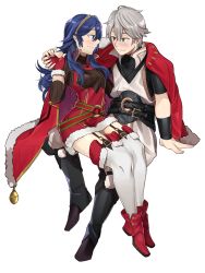 Rule 34 | 1boy, 1girl, absurdres, alternate costume, arm support, belt, blue eyes, blush, christmas, coat, ebinku, eye contact, fingerless gloves, fire emblem, fire emblem awakening, fire emblem heroes, fur trim, garter straps, gloves, grey hair, highres, holding hands, jacket, jacket on shoulders, light blush, long hair, looking at another, lucina (fire emblem), nintendo, red gloves, robin (fire emblem), robin (male) (fire emblem), robin (male) (winter) (fire emblem), short hair, simple background, sitting, sitting on lap, sitting on person, skirt, smile, thighhighs, tiara, wavy hair, white thighhighs, yellow eyes