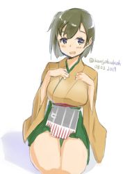 Rule 34 | 1girl, breasts, brown eyes, brown hair, commentary request, dated, flight deck, hands on own chest, hiryuu (kancolle), japanese clothes, kangoku kou, kantai collection, kimono, kimono skirt, large breasts, one-hour drawing challenge, open mouth, seiza, short hair, sitting, smile, solo, twitter username, white background