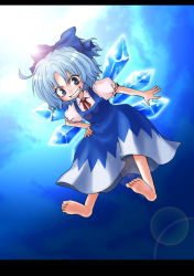 Rule 34 | 1girl, barefoot, blue eyes, blue hair, cirno, feet, grin, hand on own hip, lens flare, letterboxed, matching hair/eyes, mokku, ribbon, short hair, smile, soles, solo, embodiment of scarlet devil, touhou, wings