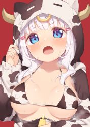Rule 34 | 1girl, animal ears, animal print, blue eyes, blunt bangs, blush, bra, breasts, chinese zodiac, collarbone, commentary request, covered erect nipples, cow ears, cow hood, cow horns, cow print, fake animal ears, fangs, gao, hair ornament, hairclip, hand up, hood, hood up, horns, jewelry, long hair, looking at viewer, medium breasts, muku (muku-coffee), new year, open mouth, original, red background, ring, silver hair, simple background, skin fangs, solo, sweat, underwear, unzipped, upper body, v-shaped eyebrows, white bra, year of the ox