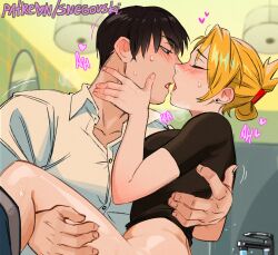 Rule 34 | 1boy, 1girl, after kiss, black hair, blonde hair, blush, commentary, earrings, folded ponytail, fullmetal alchemist, heart, hetero, holding another&#039;s leg, implied sex, indoors, jewelry, out-of-frame censoring, pants around one leg, patreon username, riza hawkeye, roy mustang, saliva, saliva trail, shirt, snegovski, stud earrings, sweat, vanilla, white shirt