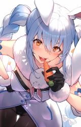 Rule 34 | 1girl, animal ear fluff, animal ears, blue hair, blush, braid, breasts, brown eyes, carrot, carrot hair ornament, coat, creature, don-chan (usada pekora), eating, food, food-themed hair ornament, gloves, hair ornament, highres, holding, holding food, hololive, kakage, leotard, long hair, looking at viewer, medium breasts, multicolored hair, open mouth, pantyhose, playboy bunny, rabbit, rabbit ears, rabbit girl, scarf, smile, solo, thick eyebrows, twin braids, two-tone hair, usada pekora, usada pekora (1st costume), virtual youtuber, white coat, white hair