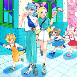 Rule 34 | 2boys, 3girls, blonde hair, blue hair, bow, brick, brother and sister, brown hair, delicious party precure, dragon tail, dress, fanny pack, hair bow, heart, in-franchise crossover, kirahoshi ciel, kirakira precure a la mode, kome-kome (precure) (human), mem-mem (precure) (human), multiple boys, multiple girls, overalls, pam-pam (precure) (human), pikario (precure), pinafore dress, pink hair, precure, running, shoes, siblings, skirt, sleeveless, sleeveless dress, sneakers, tail, ton (ton39342104), wings